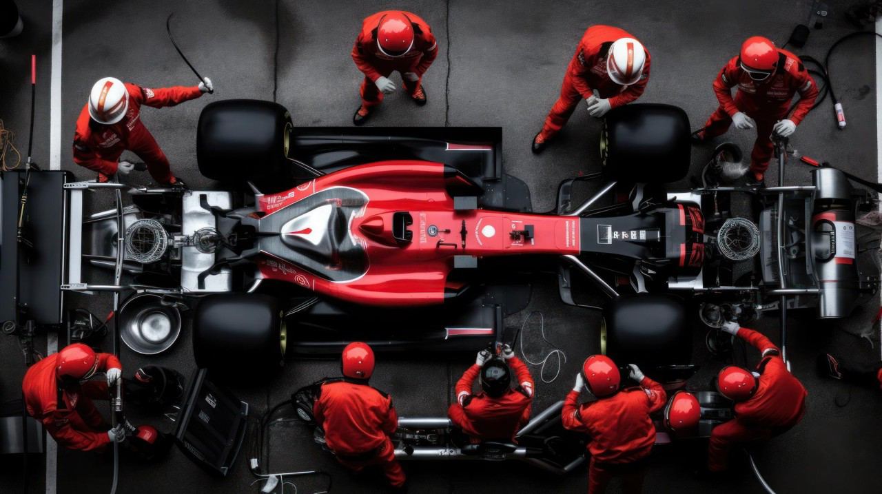 Une voiture de Formule 1 en arrêt au stand, entourée d'une équipe dédiée et motivée, réalisant une analyse approfondie pour optimiser la performance.