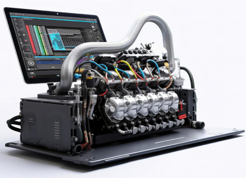 Un moteur entièrement exposé révèle ses composants internes tandis qu'un écran à proximité analyse minutieusement chaque aspect. Des graphiques et données détaillées sont affichés, fournissant une vue complète et approfondie de la performance et des spécificités techniques du moteur.