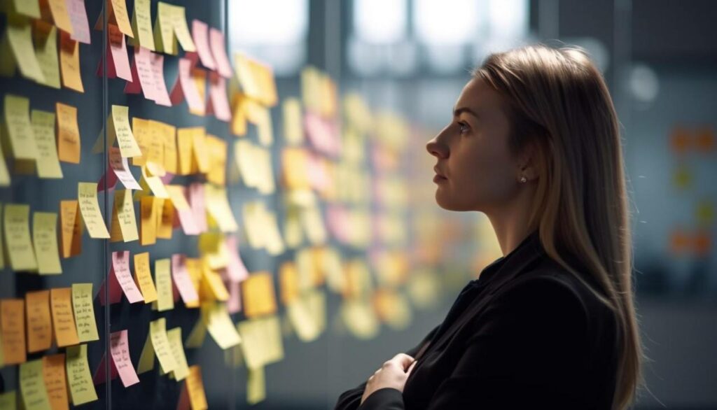 Une dirigeante de start-up focalisée sur son agenda des priorités, un mur rempli de post-it de toutes les couleurs. Chaque post-it représente un aspect clé de la gestion de son entreprise : des idées innovantes aux défis à surmonter. L’image symbolise la nature dynamique et exigeante de la gestion d'une start-up, où la capacité à prioriser et à organiser efficacement ses idées et projets est cruciale pour le succès.